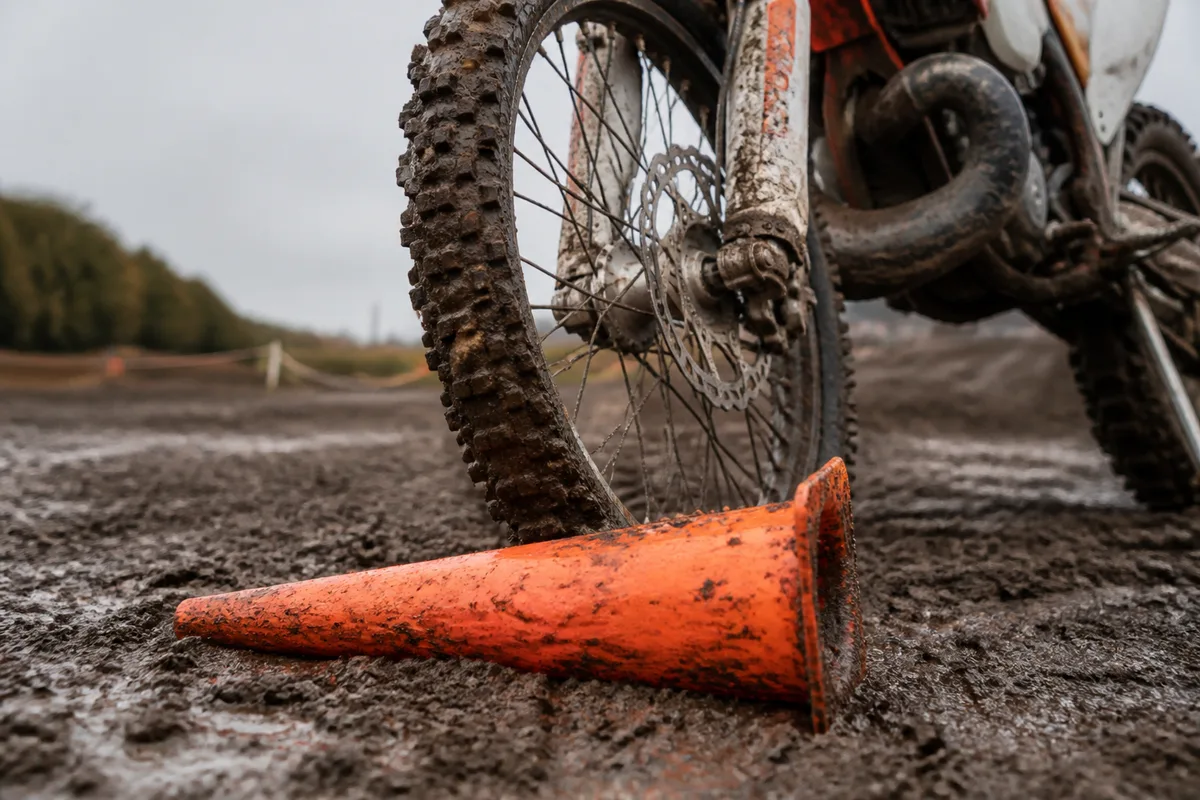 Cône de balisage renversé près de la roue avant d&rsquo;une moto tout-terrain sur terre boueuse