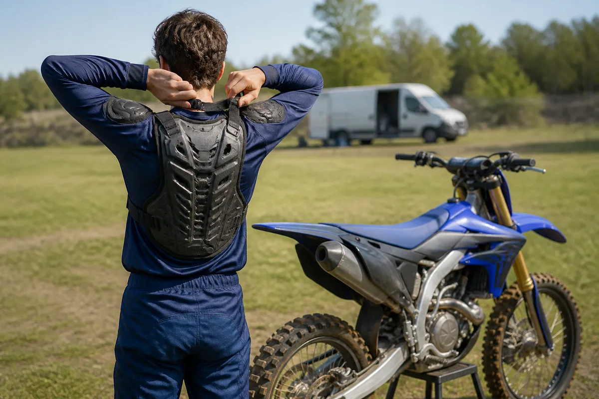 Pilote de motocross vu de dos en tenue complète ajustant sa protection dorsale près de sa machine