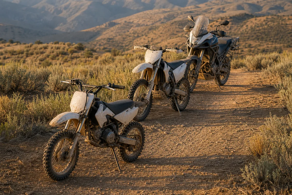 Trois motos trail de cylindrées différentes alignées sur un chemin de terre