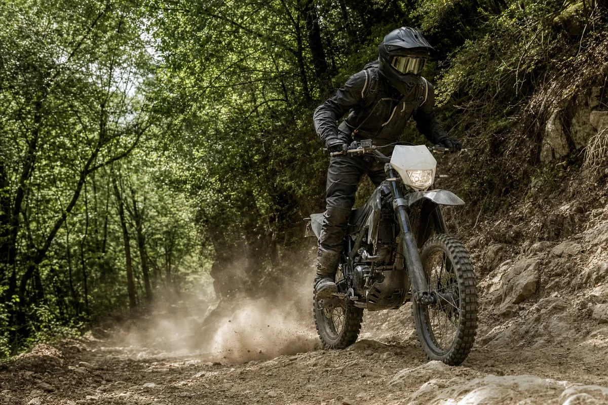 Petit trail monocylindre en montée sur un sentier caillouteux en forêt