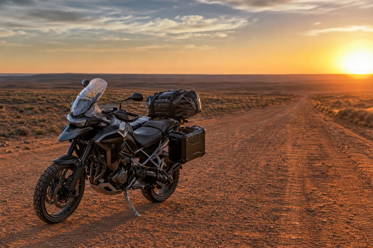 Maxi-trail chargé de bagages sur une piste large au coucher du soleil