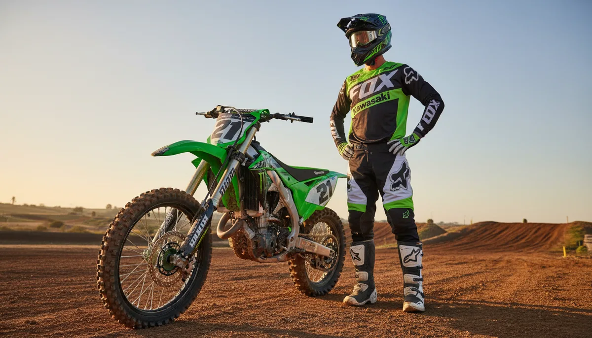 Équipement moto cross Kawasaki : tenue complète, casque et bottes