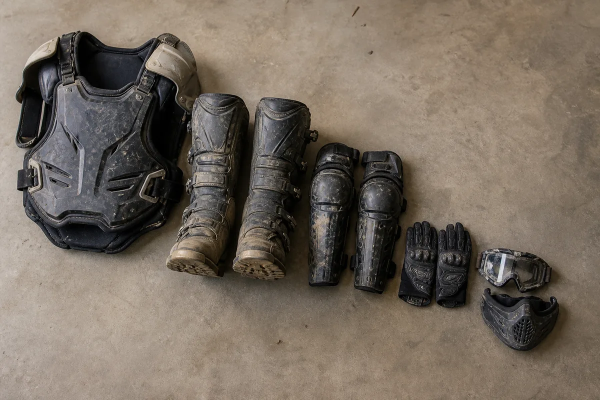 Équipement de motocross usagé aligné au sol dans un garage avant mise en vente