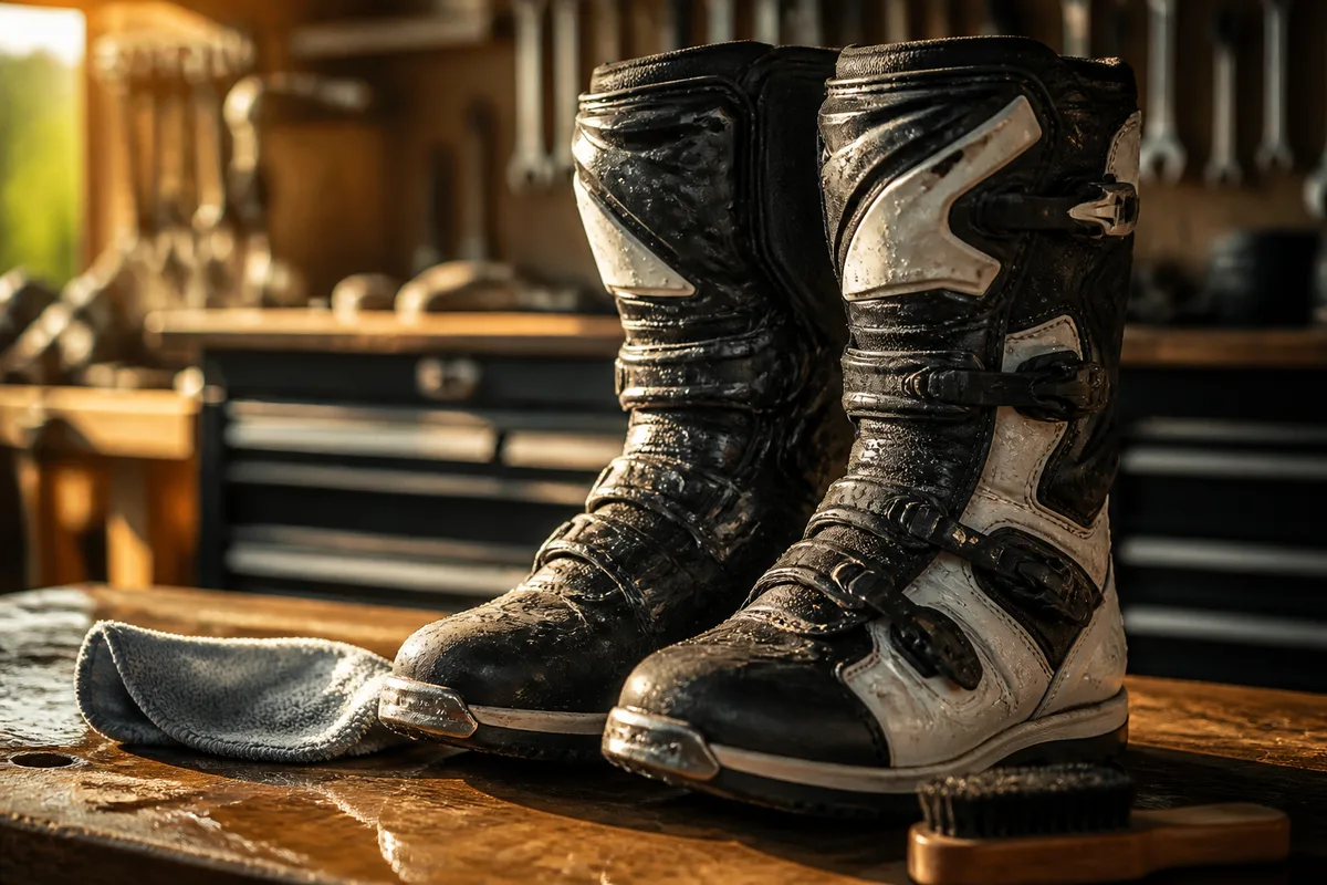 Bottes de motocross nettoyées et bien alignées sur un établi de garage