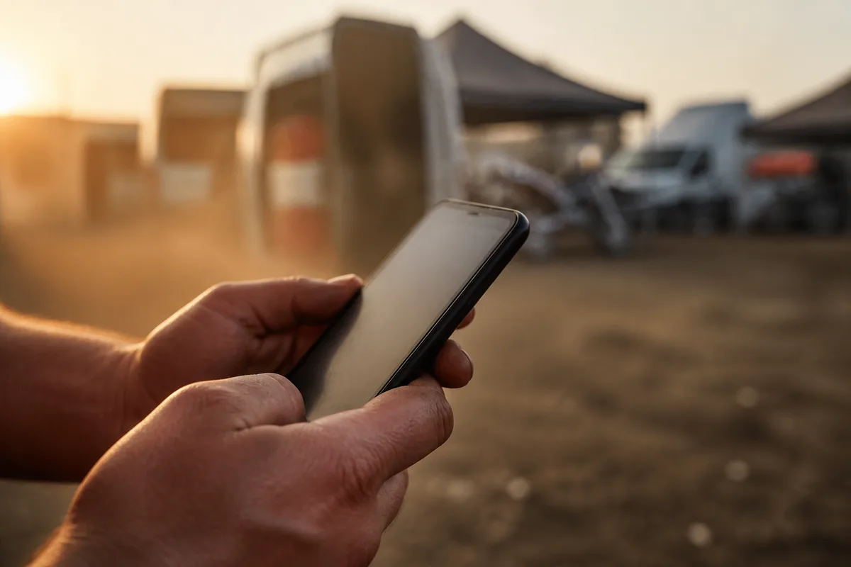 Pilote consultant des annonces d&rsquo;équipement moto sur un smartphone dans un paddock