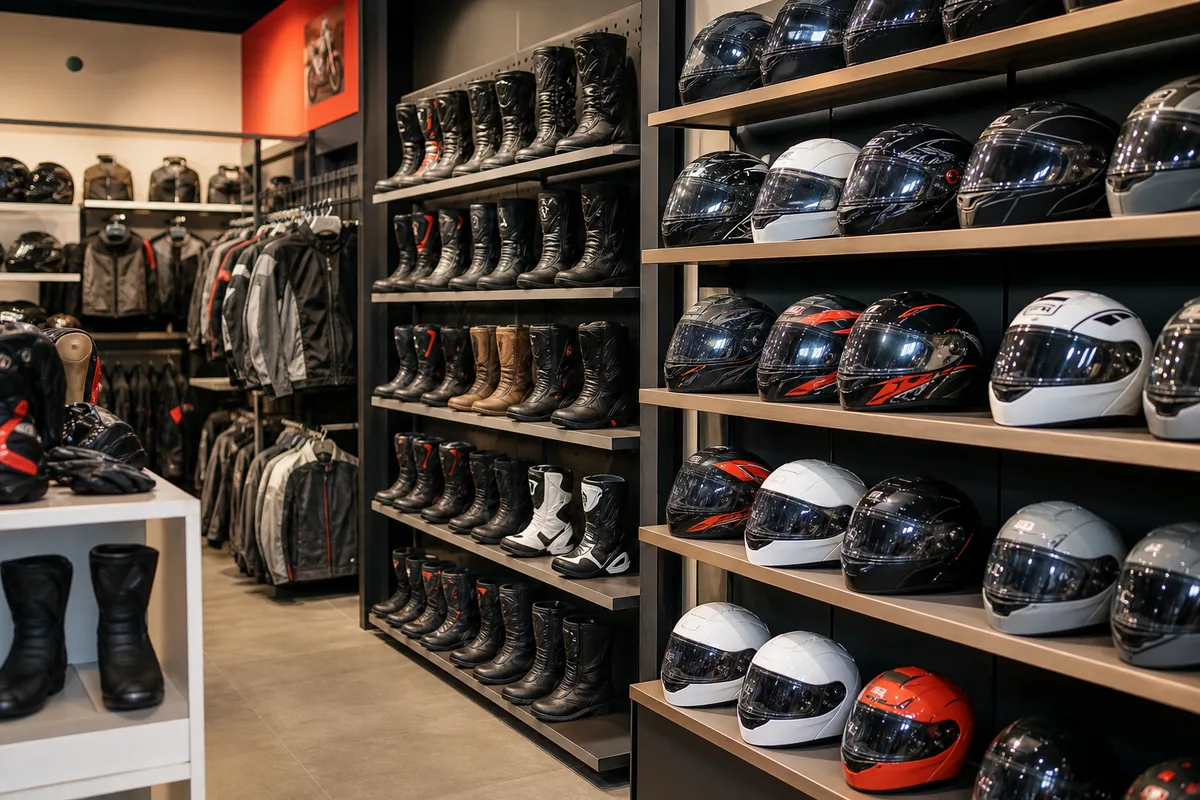 Rayonnage d’équipement sportif dans une boutique spécialisée avec casques et bottes techniques