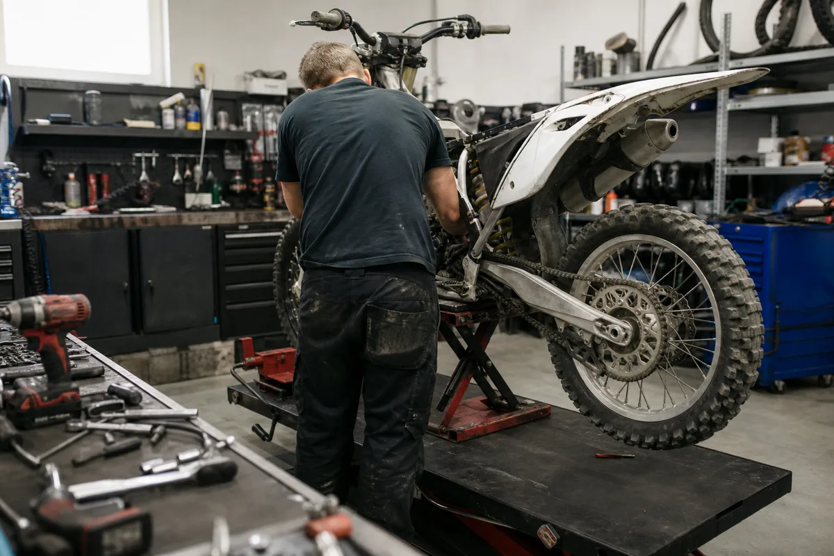 Technicien de dos réglant une pièce sur une moto cross dans un atelier de magasin spécialisé