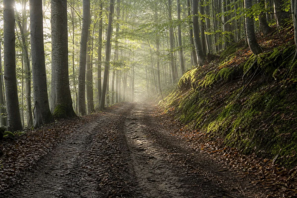 Chemin forestier de terre bordé de hêtres dans une lumière matinale