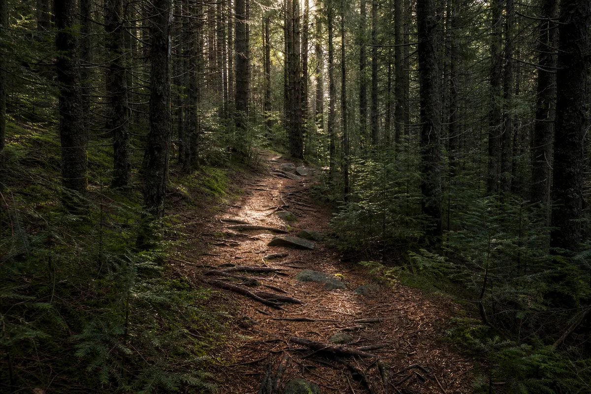 Sentier étroit couvert d’aiguilles de pin traversant un sous-bois de résineux