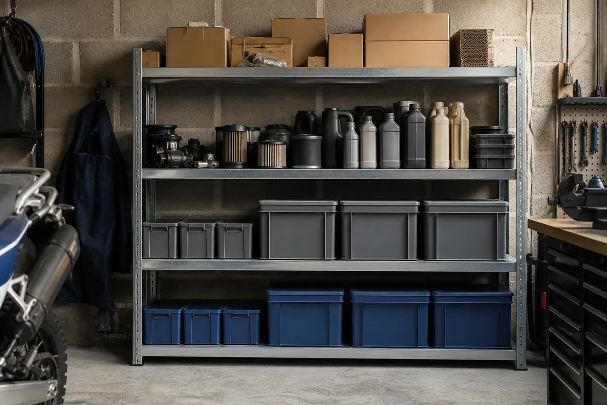 Rayonnage métallique de garage organisé par niveaux avec bacs plastique unis
