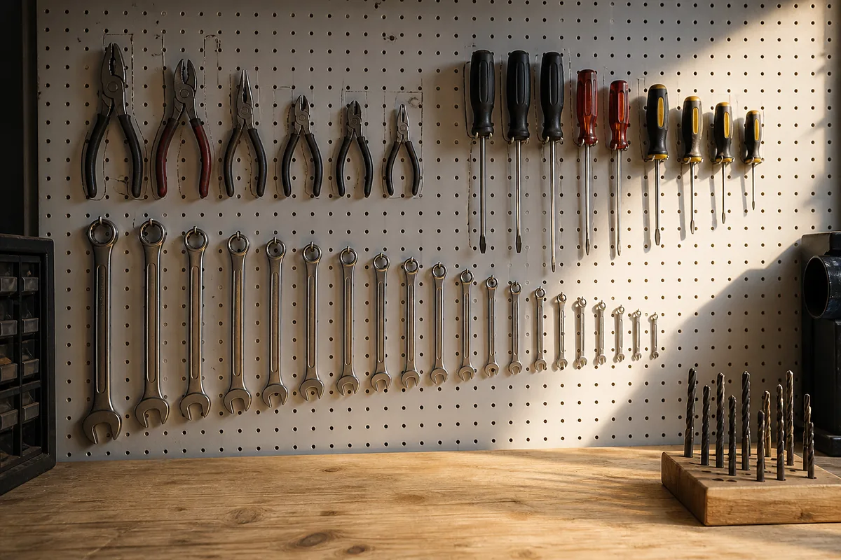 Panneau perforé mural garni d&rsquo;outils à main au-dessus d&rsquo;un plan de travail en bois brut