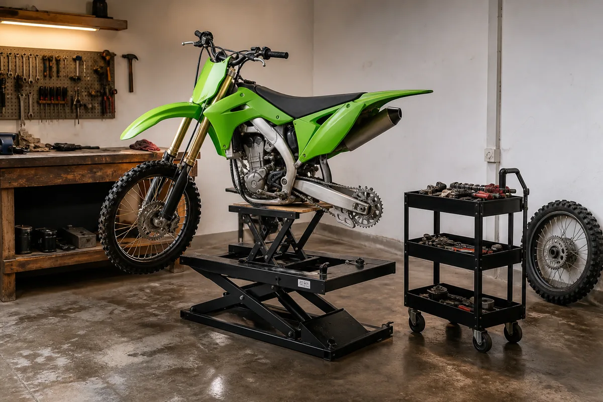 Moto tout-terrain surélevée sur un lève-moto dans un garage avec établi et desserte roulante