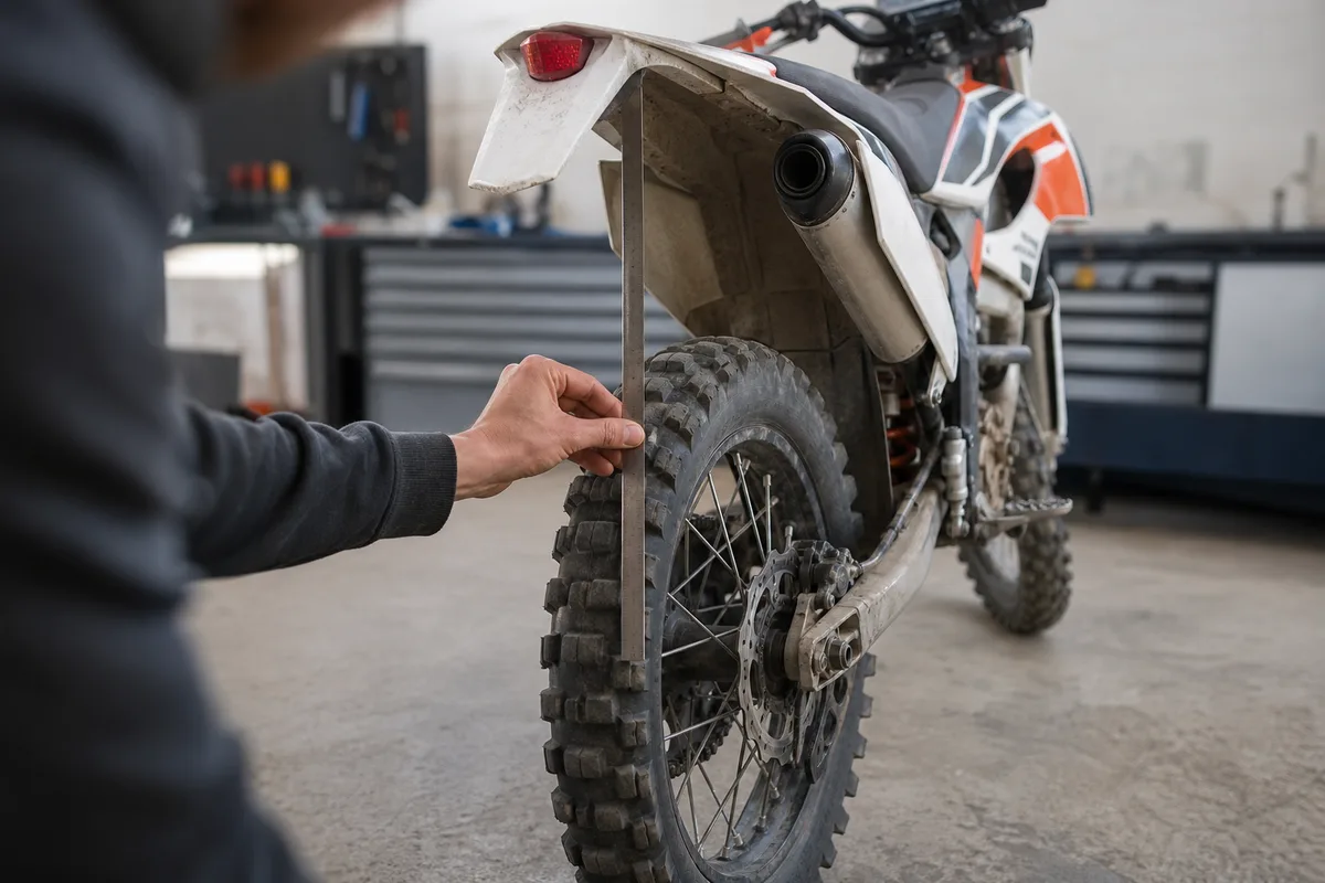 Mesure du sag au réglet sur l&rsquo;arrière d&rsquo;une moto de cross